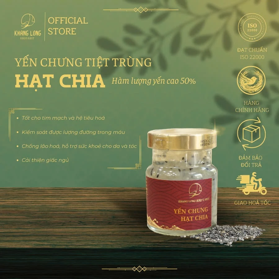 Combo 10 Hũ Yến Chưng Tiệt Trùng Hạt Chia Khang Long  -  Hàm lượng yến 50% -  Có hộp