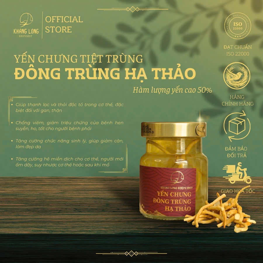 Combo 10 Hũ Yến Chưng Tiệt Trùng Đông Trùng Hạ Thảo Khang Long  -  Hàm lượng yến 50% -  Có hộp