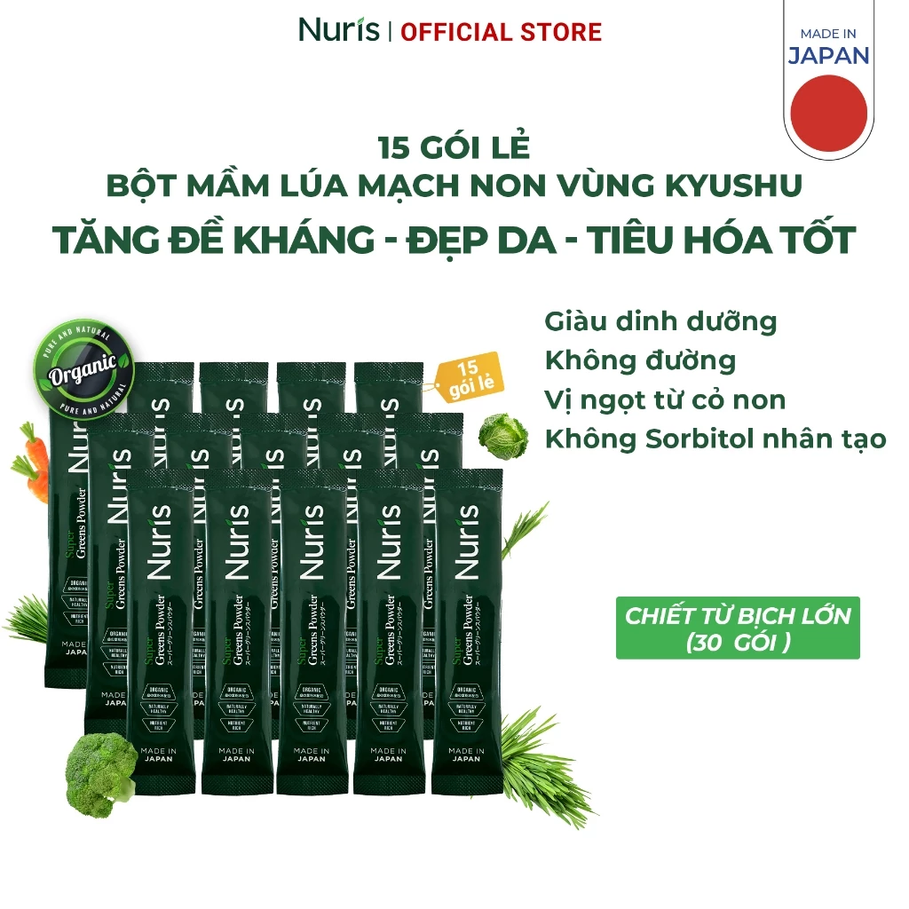15 gói lẻ Bột mầm lúa mạch non Nuris Nhật Bản bổ sung lợi khuẩn lên men từ thực vật, ngừa táo bón