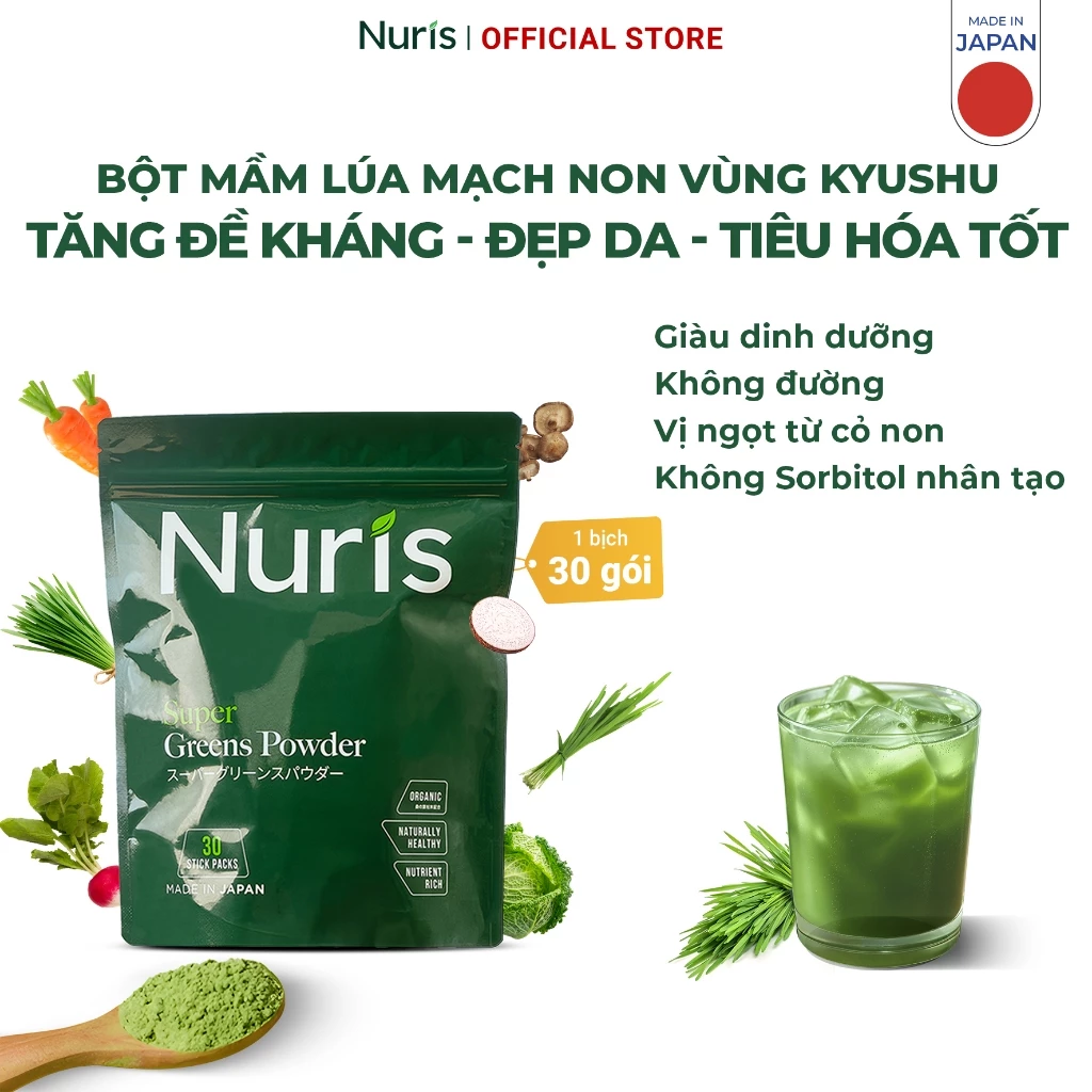 Túi 30 Gói Bột mầm lúa mạch non Nuris Nhật Bản bổ sung lợi khuẩn lên men từ thực vật, mát gan, tiêu hóa tốt