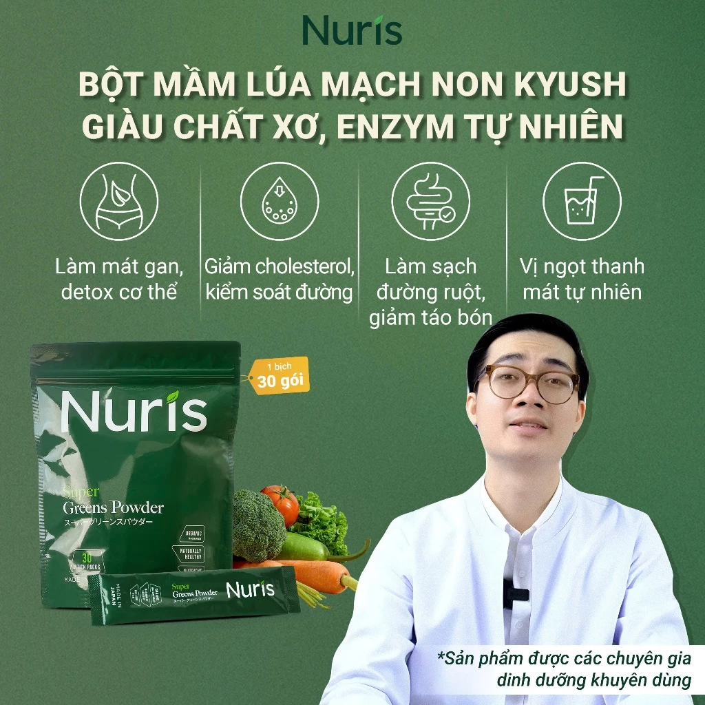 Combo 2 Túi Bột mầm lúa mạch non Nuris Nhật Bản, lợi khuẩn lên men từ thực vật, thải độc gan