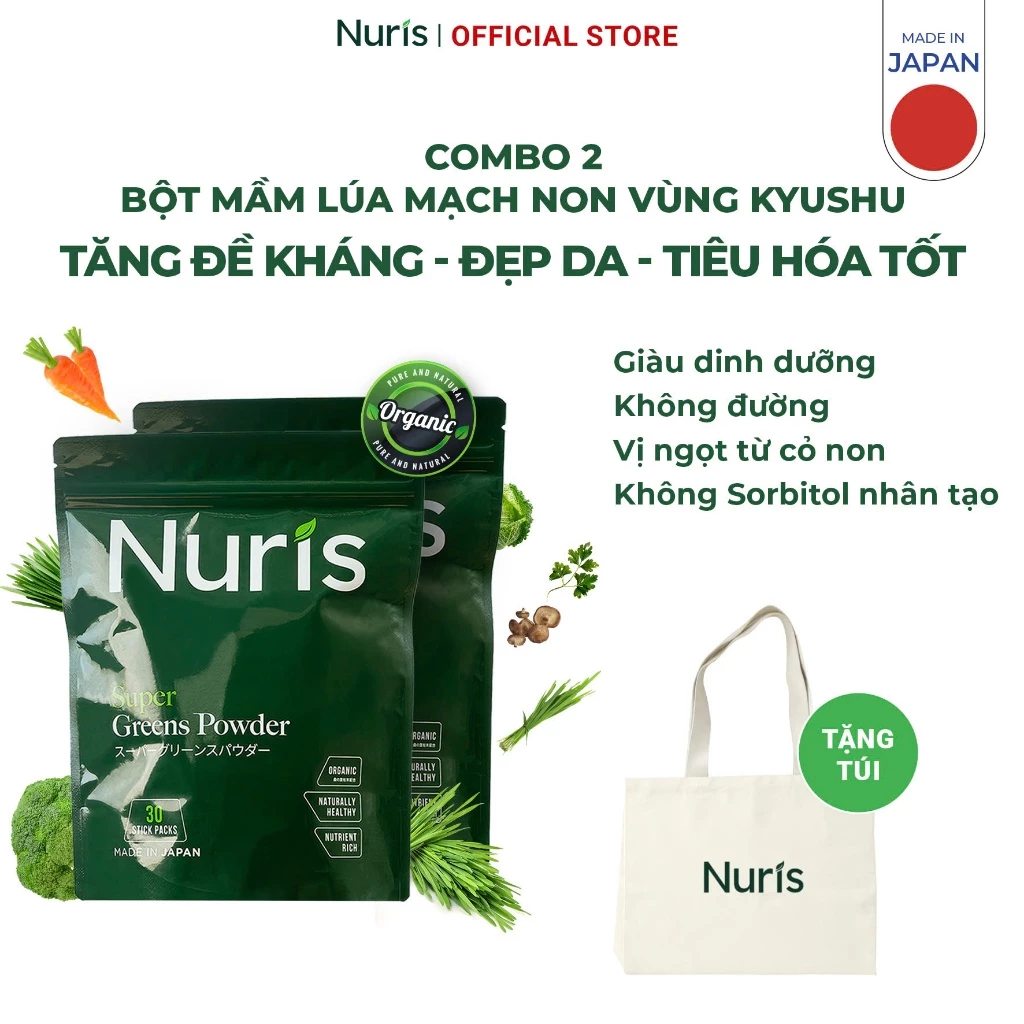 Combo 2 Túi Bột mầm lúa mạch non Nuris Nhật Bản, lợi khuẩn lên men từ thực vật, thải độc gan