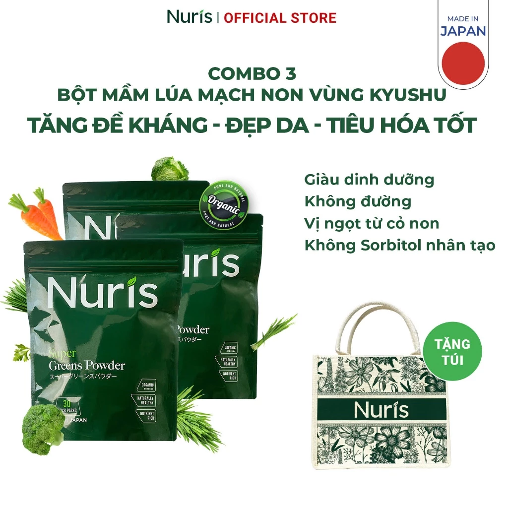 Combo 3 Túi Bột mầm lúa mạch non Nuris Nhật Bản, lợi khuẩn lên men từ thực vật, tiêu hóa tốt