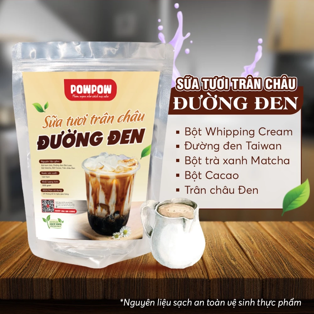 Sữa tươi trân châu đường đen 3 vị POWPOW set nguyên liệu dễ nấu 15 - 20 ly