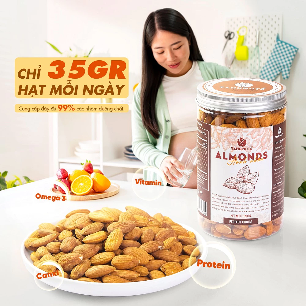 Hạt hạnh nhân rang sấy chín TANU NUTS dinh dưỡng cho bà bầu, ăn kiêng, giảm cân
