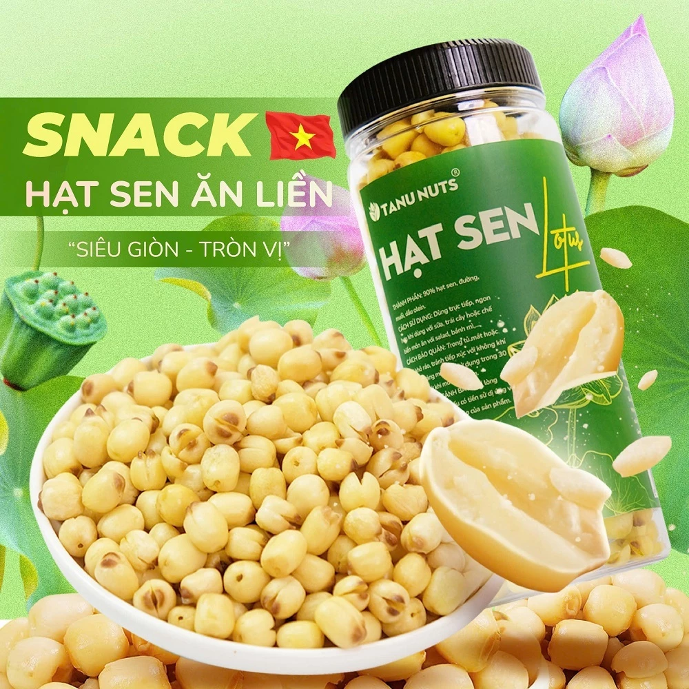 Hạt sen sấy giòn ăn liền TANU NUTS hũ 220g healthy cho văn phòng, ăn kiêng, giảm cân