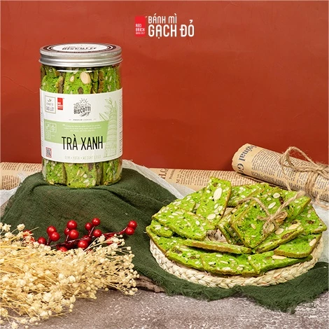 Biscotti Trà Xanh Gạch Đỏ 250g, ngọt từ gạo lứt và mật ong, chuẩn ăn kiêng