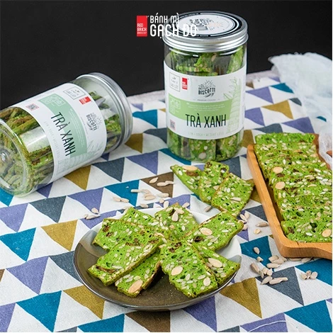 Biscotti Trà Xanh Gạch Đỏ 250g, ngọt từ gạo lứt và mật ong, chuẩn ăn kiêng