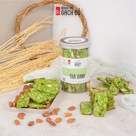 Biscotti Trà Xanh Gạch Đỏ 250g, ngọt từ gạo lứt và mật ong, chuẩn ăn kiêng
