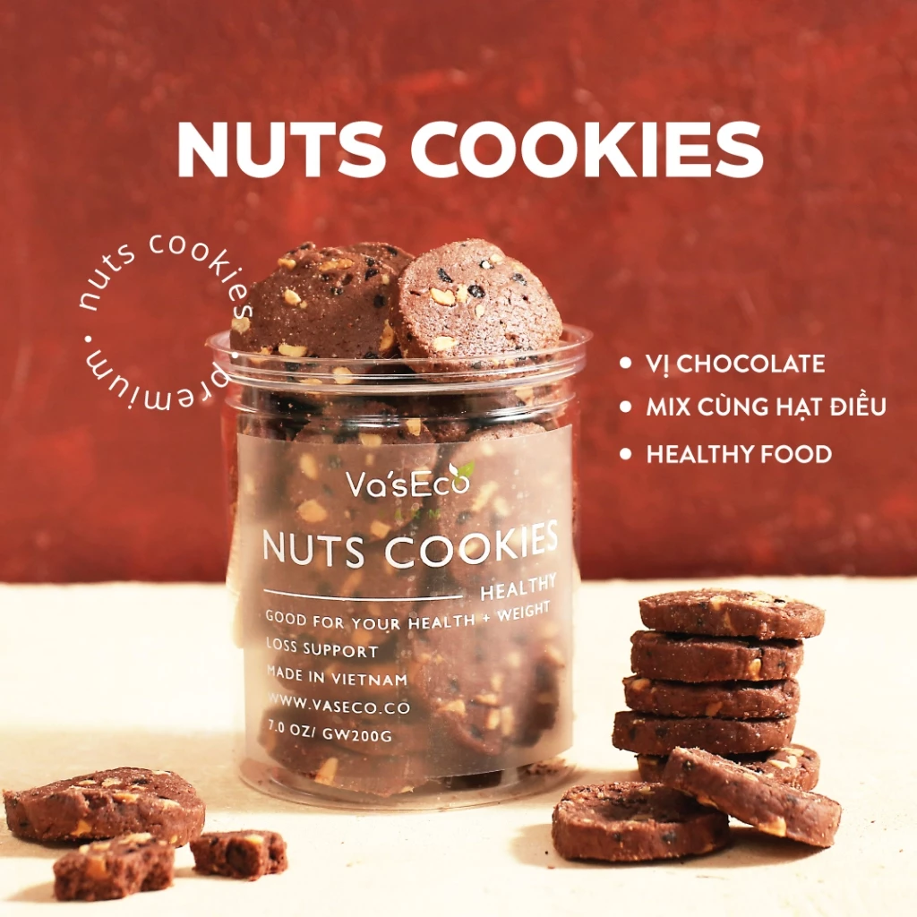 Bánh Cookie hạnh nhân hạt điều Chocolate VasEco Farm hộp 200g
